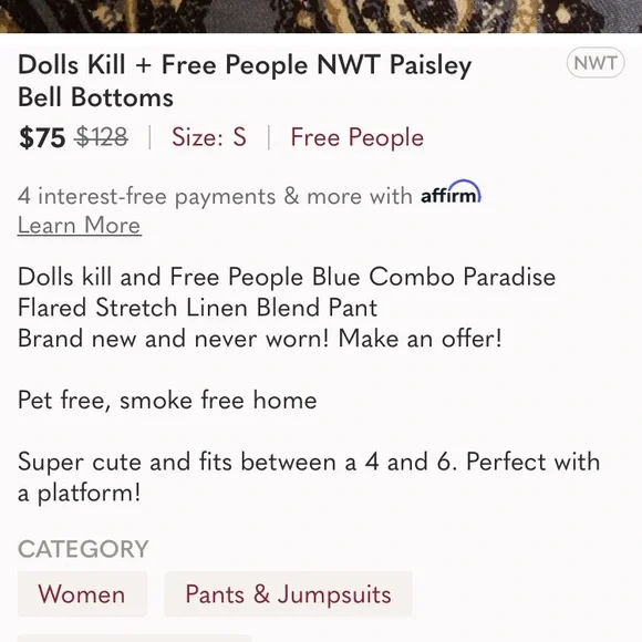 New: Free People + Dolls Kill Paisley Pants. Size Medium - Picture 16 of 16